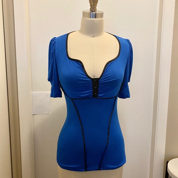 Arden B. Button Blouse Royal Blue Black Trim S - Picture 6 of 7